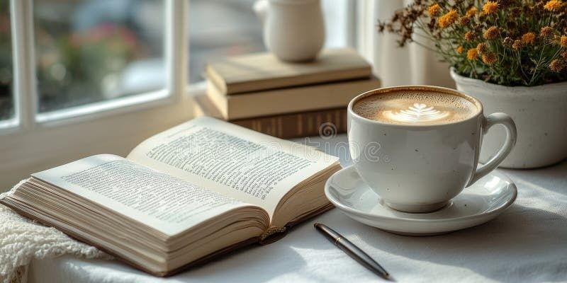 Uppslagen bok, kaffe och penna vid ett ljust fönster