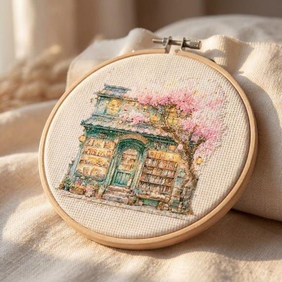 Broderad liten bokhandel i rosa blomning, inramad i en träbåge
